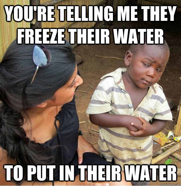 You're telling me they freeze their water to put in their water  Skeptical Third World Kid