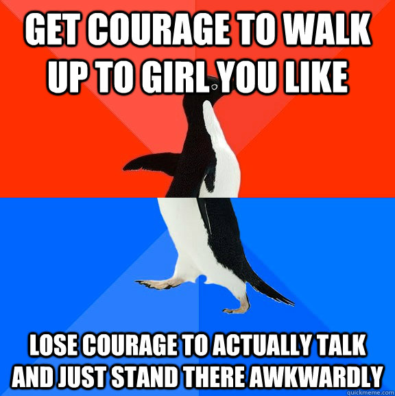Get courage to walk up to girl you like Lose courage to actually talk and just stand there awkwardly  Socially Awesome Awkward Penguin