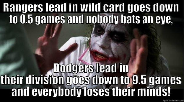 everybody loses their minds - RANGERS LEAD IN WILD CARD GOES DOWN TO 0.5 GAMES AND NOBODY BATS AN EYE, DODGERS LEAD IN THEIR DIVISION GOES DOWN TO 9.5 GAMES AND EVERYBODY LOSES THEIR MINDS! Joker Mind Loss