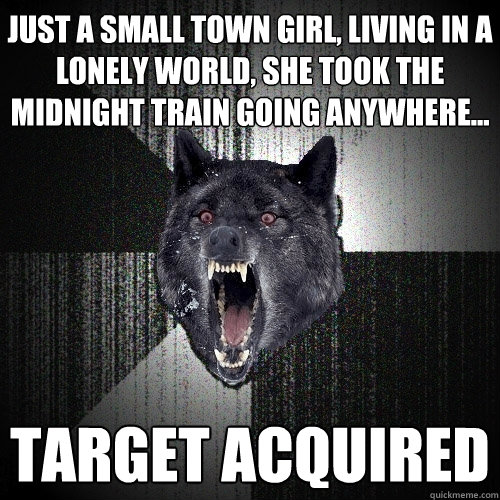 Just a small town girl, living in a lonely world, she took the midnight train going anywhere... Target Acquired  Insanity Wolf