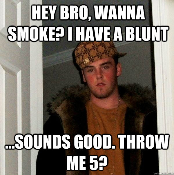 Hey Bro, wanna smoke? I have a blunt ...sounds good. throw me 5?  Scumbag Steve