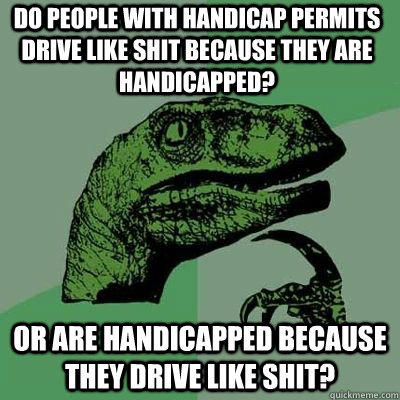 Do people with handicap permits drive like shit because they are handicapped? Or are handicapped because they drive like shit?  - Do people with handicap permits drive like shit because they are handicapped? Or are handicapped because they drive like shit?   Misc