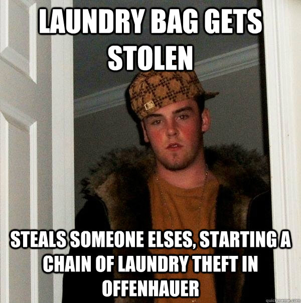 Laundry bag gets stolen steals someone elses, starting a chain of laundry theft in Offenhauer  Scumbag Steve