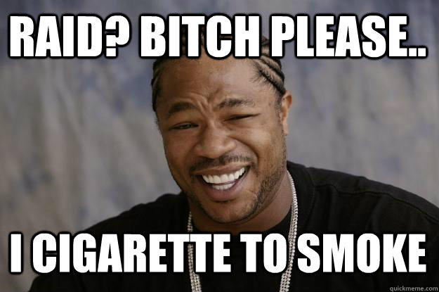 Raid? Bitch please.. I Cigarette to smoke  Xzibit meme