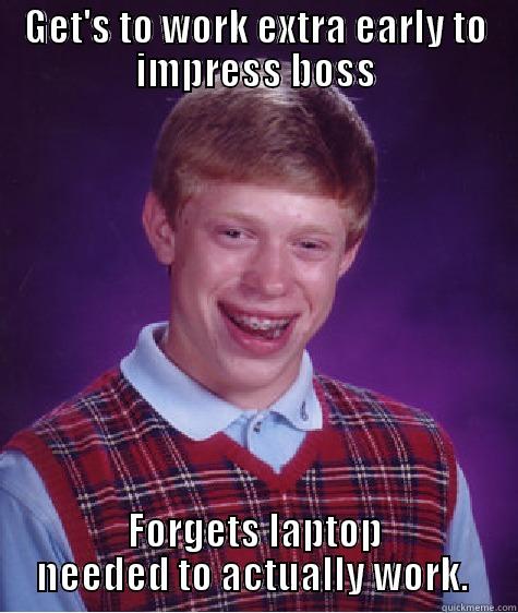 GET'S TO WORK EXTRA EARLY TO IMPRESS BOSS FORGETS LAPTOP NEEDED TO ACTUALLY WORK.  Bad Luck Brian