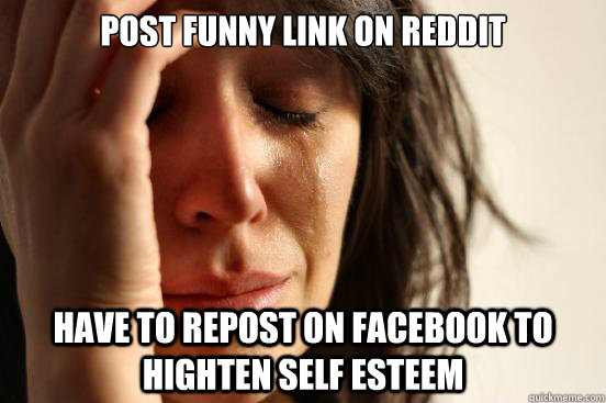 Post funny link on reddit Have to repost on facebook to highten self esteem  First World Problems
