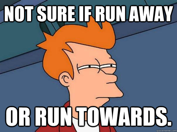 Not sure if run away or run towards.  Futurama Fry