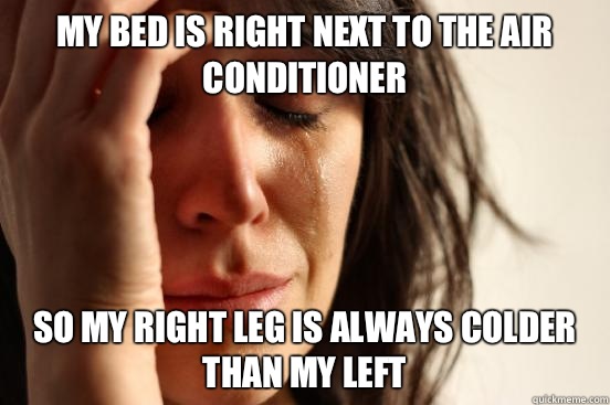 My bed is right next to the air conditioner So my right leg is always colder than my left  First World Problems