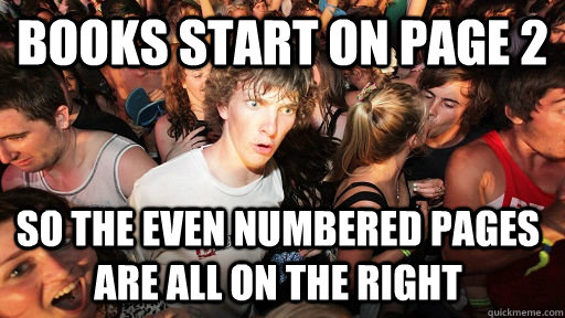 Books start on page 2 so the even numbered pages are all on the right  Sudden Clarity Clarence