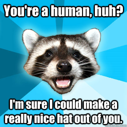 You're a human, huh? I'm sure I could make a really nice hat out of you.  Lame Pun Coon