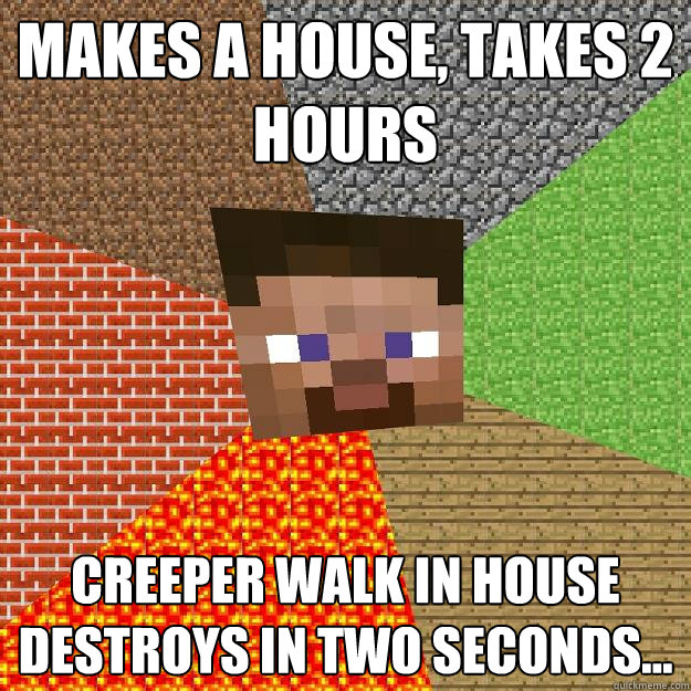 makes a house, takes 2 hours creeper walk in house destroys in two seconds...  Minecraft