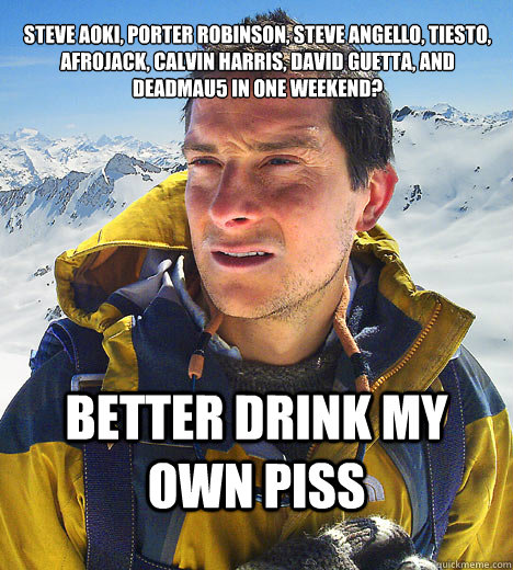 Steve Aoki, Porter Robinson, Steve Angello, Tiesto, Afrojack, Calvin Harris, David Guetta, and Deadmau5 in one weekend? Better drink my own piss  BEAR GRILLS