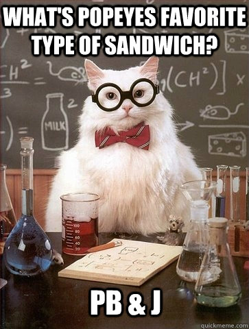 What's popeyes favorite type of sandwich? Pb & J  Chemistry Cat