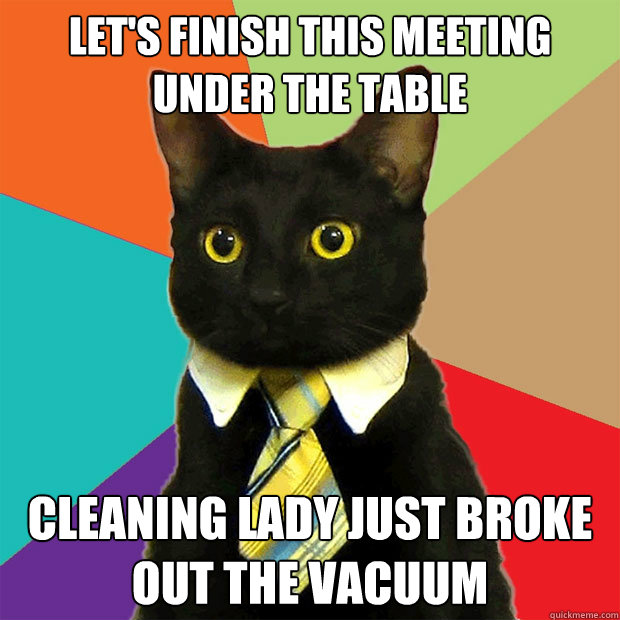 Let's finish this meeting under the table Cleaning lady just broke out the vacuum  Business Cat