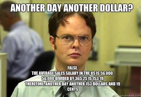 Another day another dollar? False.
The average sales salary in the Us is 56,000. 
56,000 divided by 365.25 is 153.19
Therefore, another day another 153 dollars and 19 cents
 - Another day another dollar? False.
The average sales salary in the Us is 56,000. 
56,000 divided by 365.25 is 153.19
Therefore, another day another 153 dollars and 19 cents
  Schrute