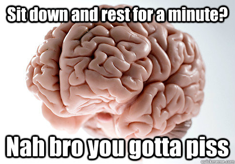 Sit down and rest for a minute? Nah bro you gotta piss  Scumbag Brain