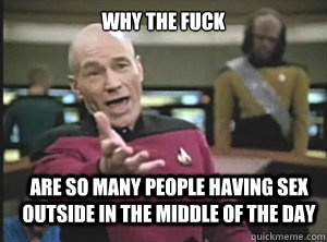 why the fuck are so many people having sex outside in the middle of the day   Annoyed Picard