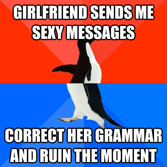 girlfriend sends me sexy messages correct her grammar and ruin the moment  Socially Awesome Awkward Penguin