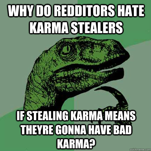 why do redditors hate karma stealers if stealing karma means theyre gonna have bad karma? - why do redditors hate karma stealers if stealing karma means theyre gonna have bad karma?  Philosoraptor