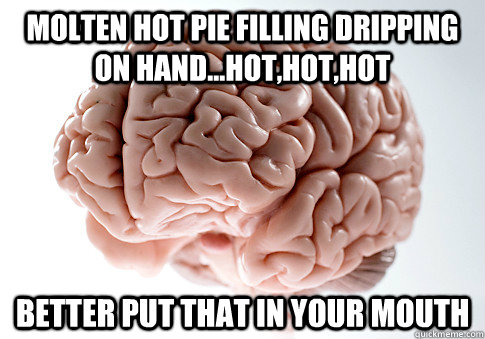 Molten hot pie filling dripping on hand...hot,hot,hot Better put that in your mouth  Scumbag Brain