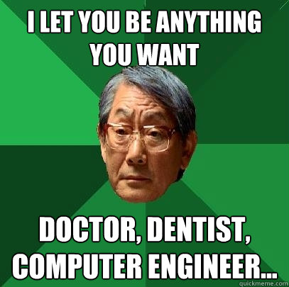 I let you be anything you want Doctor, dentist, computer engineer...  High Expectations Asian Father