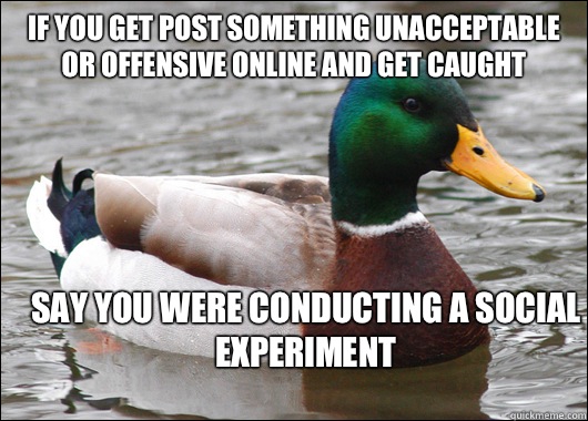If you get post something unacceptable or offensive online and get caught Say you were conducting a social experiment  Actual Advice Mallard