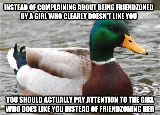 instead of complaining about being friendzoned by a girl who clearly doesn't like you you should actually pay attention to the girl who does like you instead of friendzoning her  Actual Advice Mallard