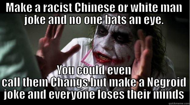 Joker Racism - MAKE A RACIST CHINESE OR WHITE MAN JOKE AND NO ONE BATS AN EYE. YOU COULD EVEN CALL THEM CHANGS BUT MAKE A NEGROID JOKE AND EVERYONE LOSES THEIR MINDS Joker Mind Loss