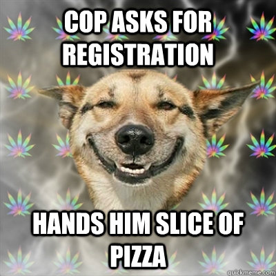 Cop asks for registration Hands him slice of pizza  Stoner Dog