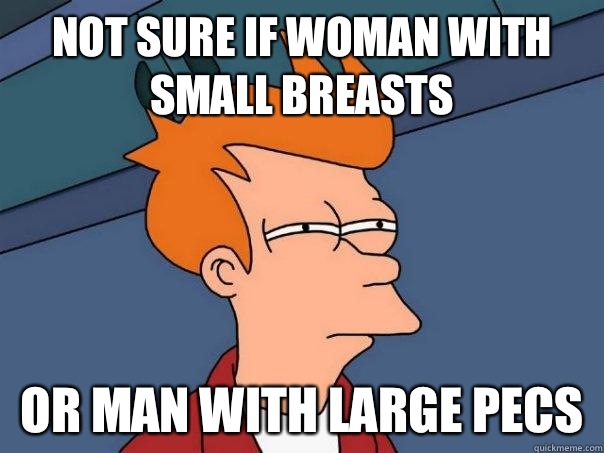 Not sure if woman with small breasts Or man with large pecs  Futurama Fry