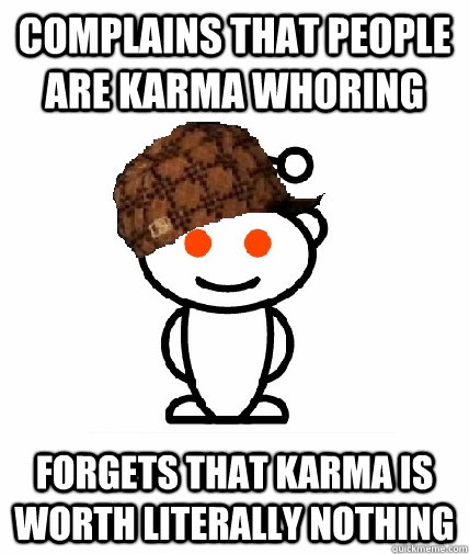 COMPLAINS THAT PEOPLE ARE KARMA WHORING FORGETS THAT KARMA IS WORTH LITERALLY NOTHING  Scumbag Redditor