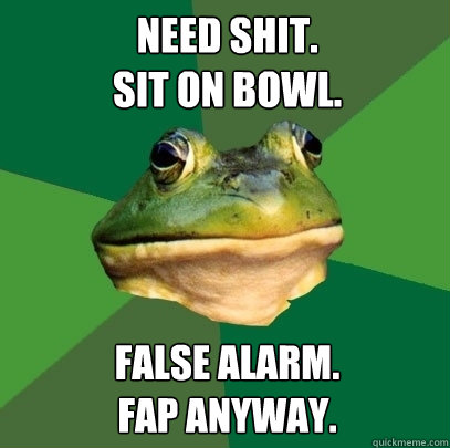 need shit.
sit on bowl. False alarm.
fap anyway.  Foul Bachelor Frog