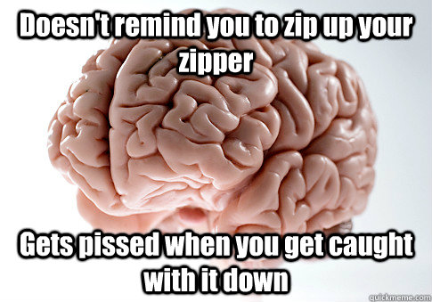 Doesn't remind you to zip up your zipper Gets pissed when you get caught with it down  Scumbag Brain