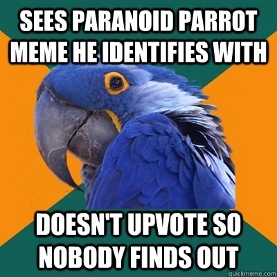 Sees paranoid parrot meme he identifies with doesn't upvote so nobody finds out  Paranoid Parrot