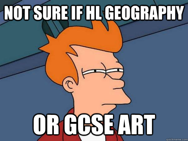 Not sure if HL Geography Or GCSE art  Futurama Fry