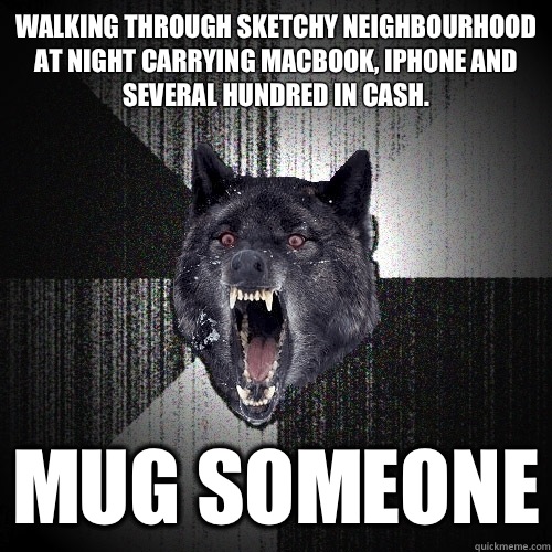 Walking through sketchy neighbourhood at night carrying MacBook, iPhone and several hundred in cash. Mug someone  Insanity Wolf