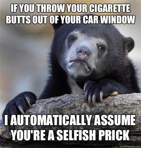 IF YOU THROW YOUR CIGARETTE BUTTS OUT OF YOUR CAR WINDOW I AUTOMATICALLY ASSUME YOU'RE A SELFISH PRICK  Confession Bear