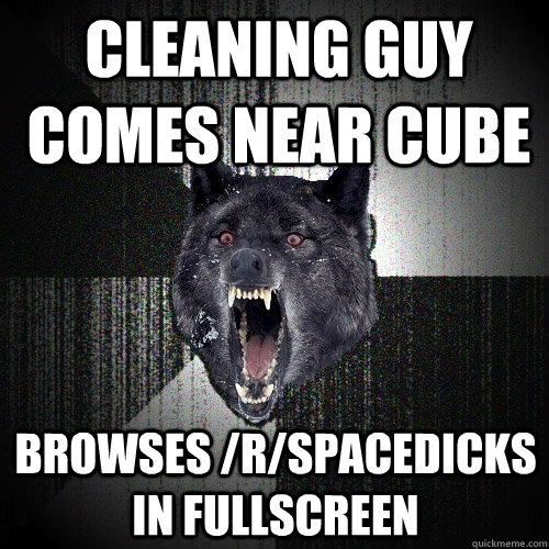 cleaning guy comes near cube browses /r/spacedicks in fullscreen  Insanity Wolf