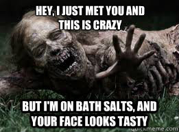 Hey, I just met you and
this is crazy But I'm on Bath Salts, and your face looks tasty  