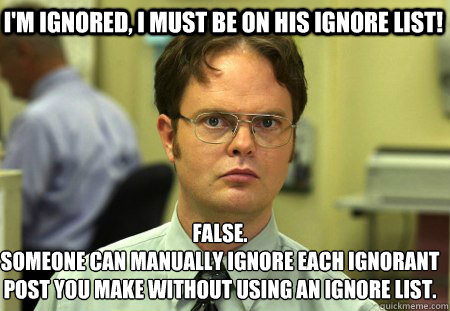 I'm ignored, i must be on his ignore list! False.
Someone can manually ignore each ignorant post you make without using an ignore list.    Schrute