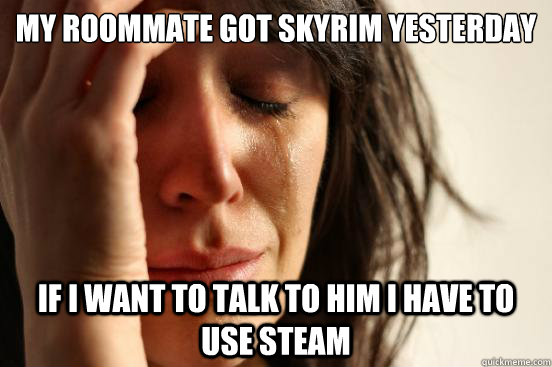 my roommate got skyrim yesterday if i want to talk to him i have to use steam  First World Problems