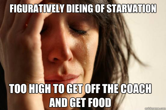 Figuratively dieing of starvation Too high to get off the coach and get food  First World Problems