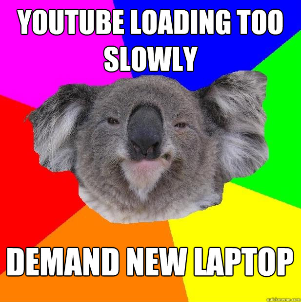 YouTube loading too slowly
 Demand new laptop - YouTube loading too slowly
 Demand new laptop  Incompetent coworker koala