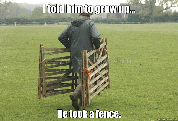 I told him to grow up... He took a fence. - I told him to grow up... He took a fence.  A fence