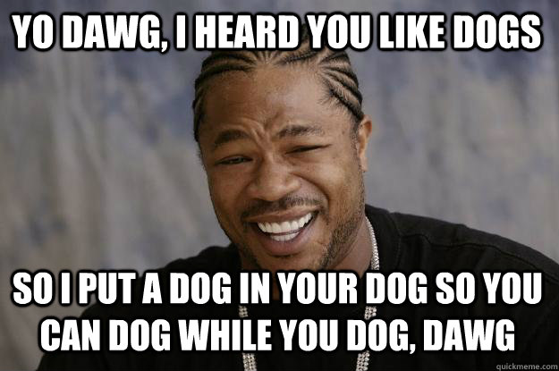Yo dawg, I heard you like dogs so i put a dog in your dog so you can dog while you dog, dawg  Xzibit meme