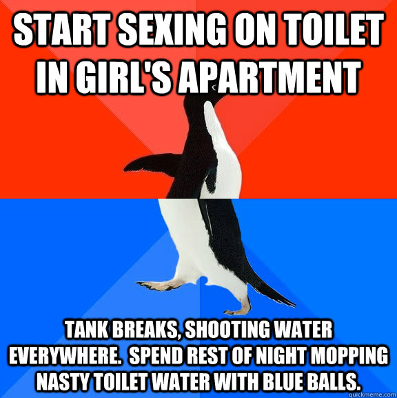 Start sexing on toilet in girl's apartment Tank breaks, shooting water everywhere.  Spend rest of night mopping nasty toilet water with blue balls.  Socially Awesome Awkward Penguin
