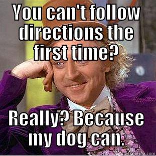 YOU CAN'T FOLLOW DIRECTIONS THE FIRST TIME? REALLY? BECAUSE MY DOG CAN. Condescending Wonka