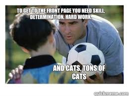 To get to the front page you need skill, determination, hard work, and cats, tons of catS  Asshole Soccer Coach
