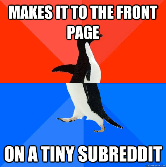 makes it to the front page on a tiny subreddit  Socially Awesome Awkward Penguin