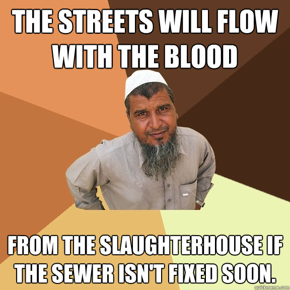 The streets will flow with the blood From the slaughterhouse if the sewer isn't fixed soon.  Ordinary Muslim Man